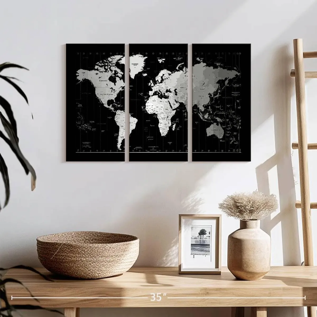 Elephant Stock - Time Zone World Map II Wall Art - Horizontal Multi Panel Canvas - 3 Piece Living Room Wall Decor - Digital Art World Map Multi Piece Wall Art - White And Gray Decor by Michael Tompsett - 23" x 14"