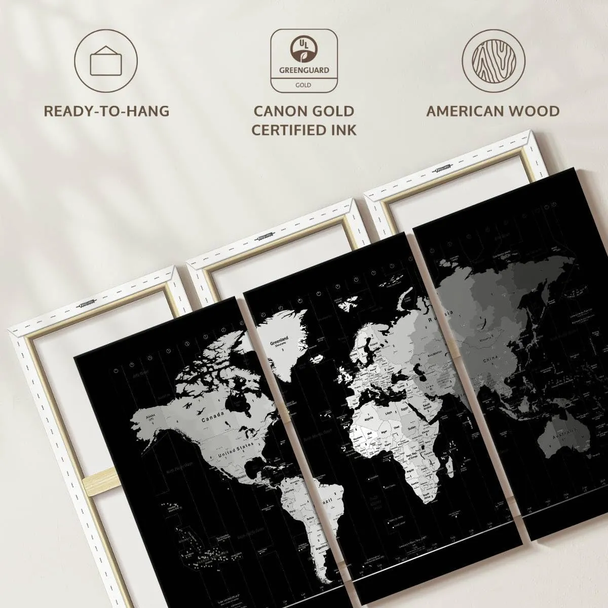 Elephant Stock - Time Zone World Map II Wall Art - Horizontal Multi Panel Canvas - 3 Piece Living Room Wall Decor - Digital Art World Map Multi Piece Wall Art - White And Gray Decor by Michael Tompsett - 23" x 14"