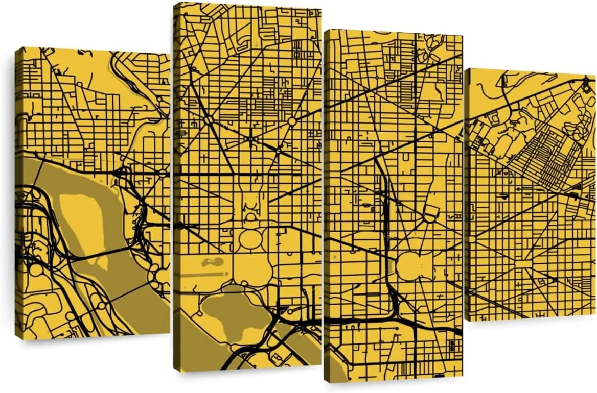 Elephant Stock - Washington Urban Roadway Map Wall Art - Horizontal Multi Panel Canvas - 4 Piece Living Room Wall Decor - Digital Art Urban Maps Multi Piece Wall Art - Yellow And Black Decor by Eugene Soloviev - 43" x 27"