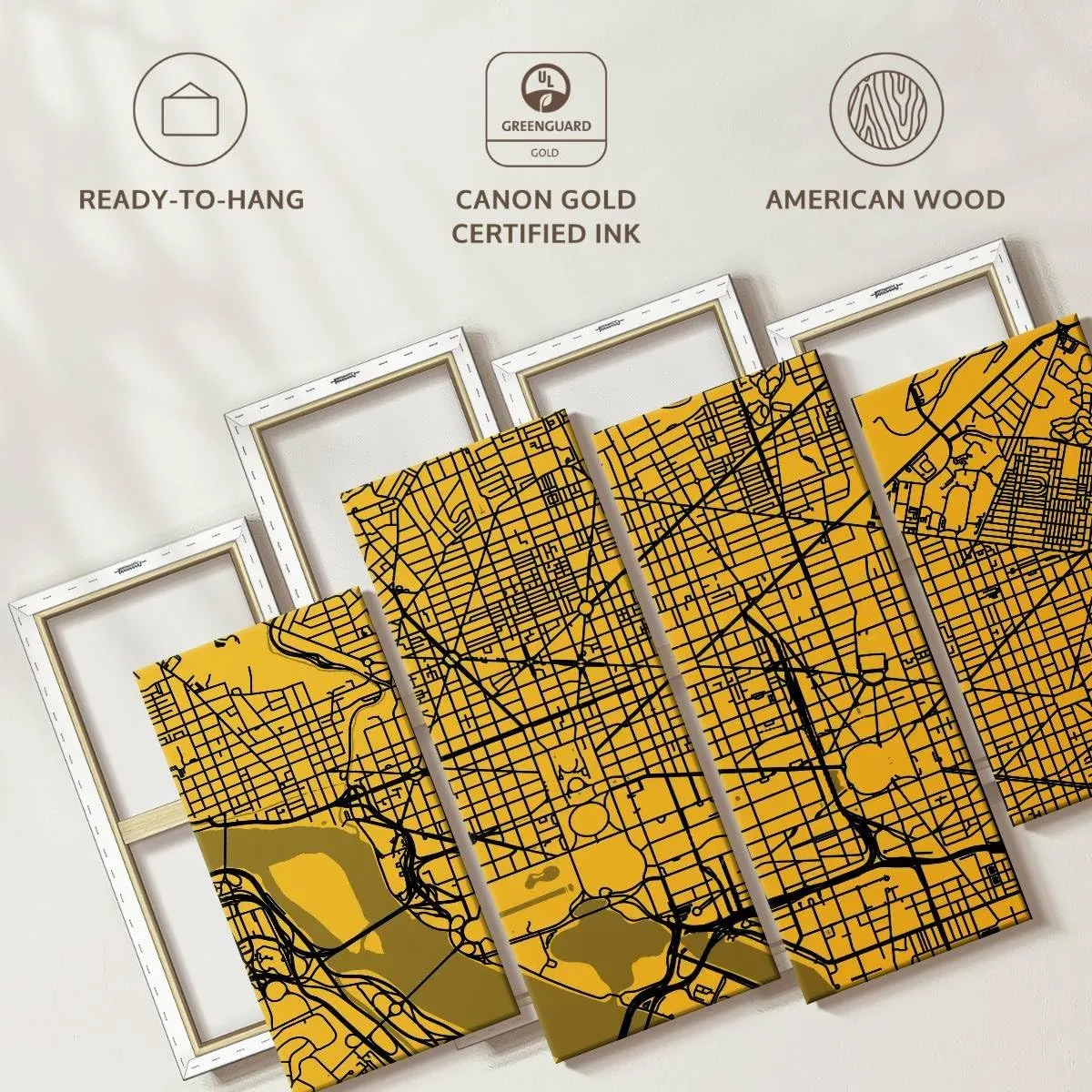 Elephant Stock - Washington Urban Roadway Map Wall Art - Horizontal Multi Panel Canvas - 4 Piece Living Room Wall Decor - Digital Art Urban Maps Multi Piece Wall Art - Yellow And Black Decor by Eugene Soloviev - 43" x 27"