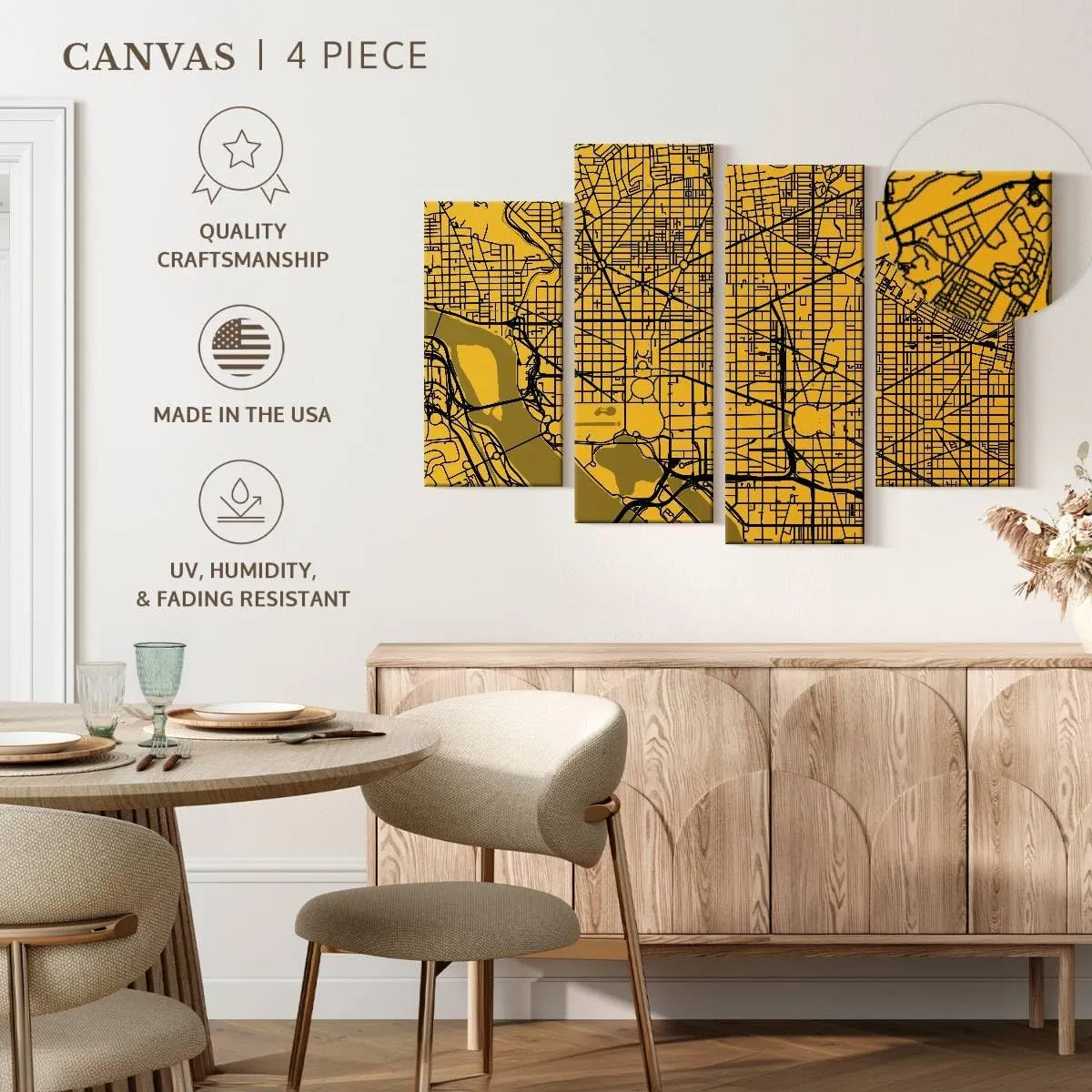 Elephant Stock - Washington Urban Roadway Map Wall Art - Horizontal Multi Panel Canvas - 4 Piece Living Room Wall Decor - Digital Art Urban Maps Multi Piece Wall Art - Yellow And Black Decor by Eugene Soloviev - 43" x 27"