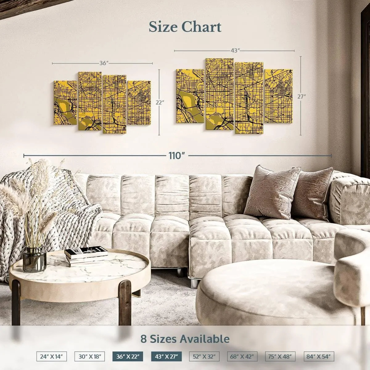 Elephant Stock - Washington Urban Roadway Map Wall Art - Horizontal Multi Panel Canvas - 4 Piece Living Room Wall Decor - Digital Art Urban Maps Multi Piece Wall Art - Yellow And Black Decor by Eugene Soloviev - 43" x 27"