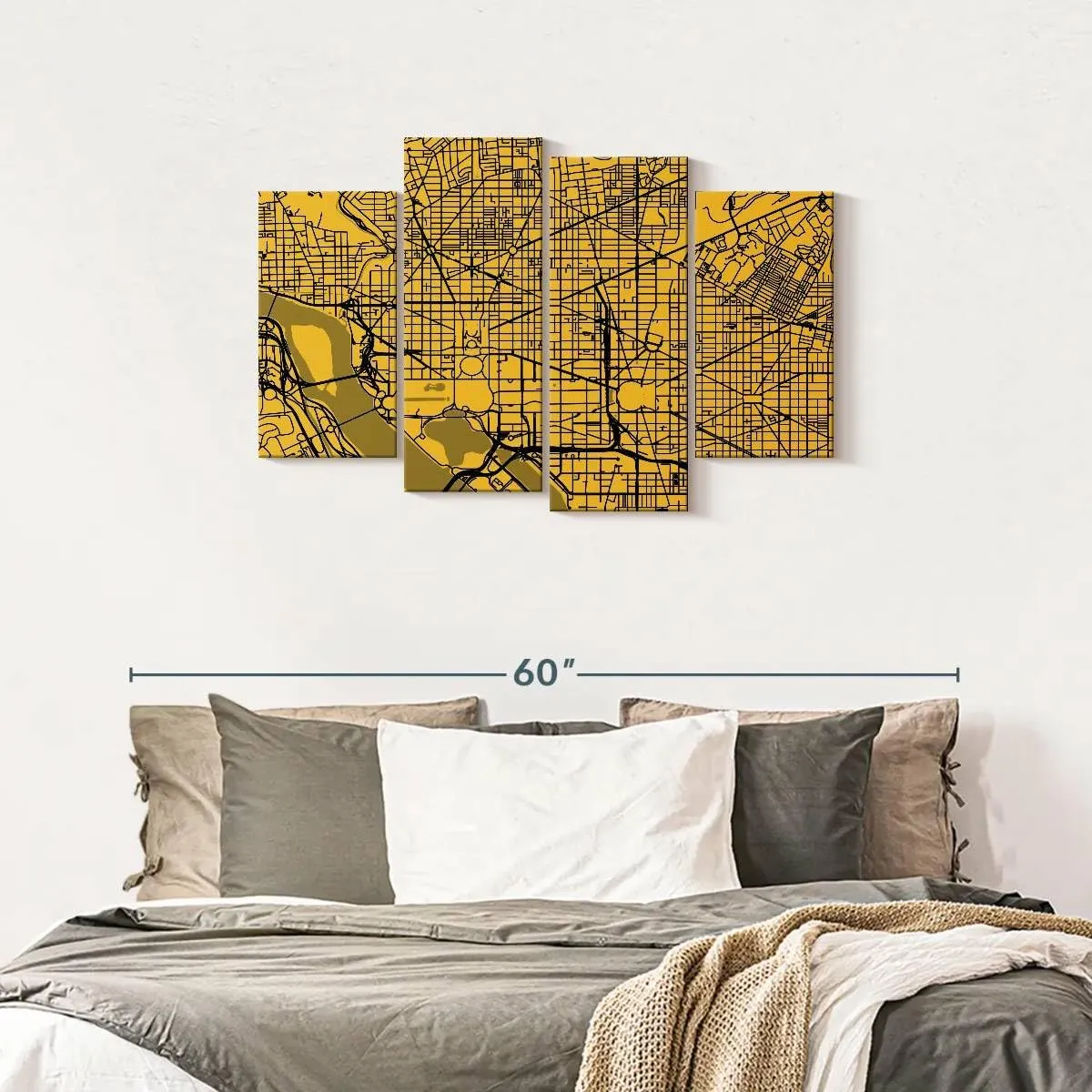 Elephant Stock - Washington Urban Roadway Map Wall Art - Horizontal Multi Panel Canvas - 4 Piece Living Room Wall Decor - Digital Art Urban Maps Multi Piece Wall Art - Yellow And Black Decor by Eugene Soloviev - 43" x 27"