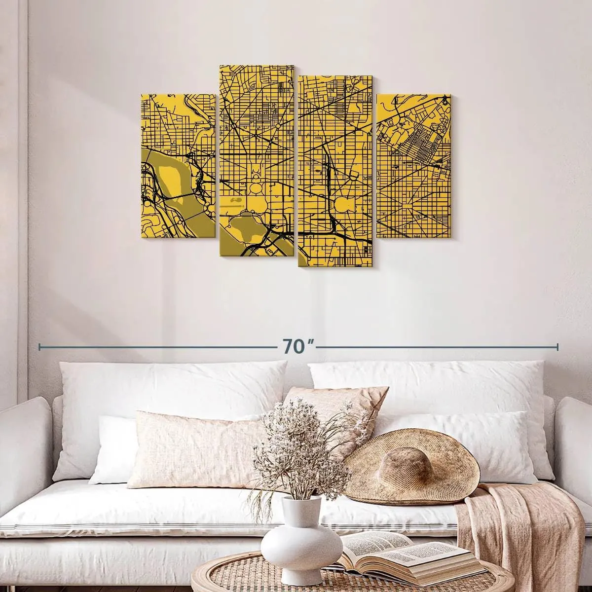 Elephant Stock - Washington Urban Roadway Map Wall Art - Horizontal Multi Panel Canvas - 4 Piece Living Room Wall Decor - Digital Art Urban Maps Multi Piece Wall Art - Yellow And Black Decor by Eugene Soloviev - 43" x 27"