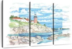 Elephant Stock - West Quoddy Lighthouse View Wall Art - Horizontal Multi Panel Canvas - 3 Piece Living Room Wall Decor - Watercolor Rocky Beach Multi Piece Wall Art - Blue And White Decor by Paul Brent - 23" x 14"