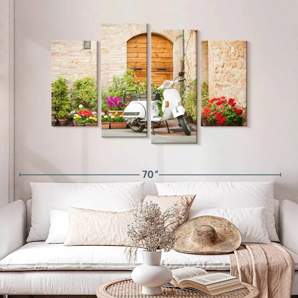 Elephant Stock - White Vespa Scooter Wall Art - Horizontal Multi Panel Canvas - 4 Piece Living Room Wall Decor - Photography Transportation Multi Piece Wall Art - Beige And Brown Decor - 52" x 32"