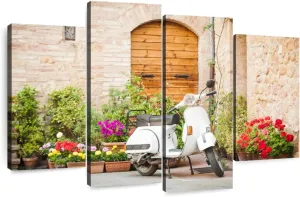 Elephant Stock - White Vespa Scooter Wall Art - Horizontal Multi Panel Canvas - 4 Piece Living Room Wall Decor - Photography Transportation Multi Piece Wall Art - Beige And Brown Decor - 52" x 32"