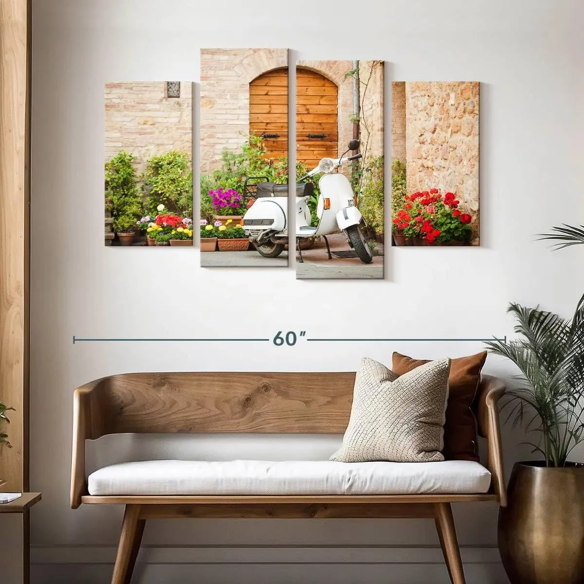 Elephant Stock - White Vespa Scooter Wall Art - Horizontal Multi Panel Canvas - 4 Piece Living Room Wall Decor - Photography Transportation Multi Piece Wall Art - Beige And Brown Decor - 52" x 32"