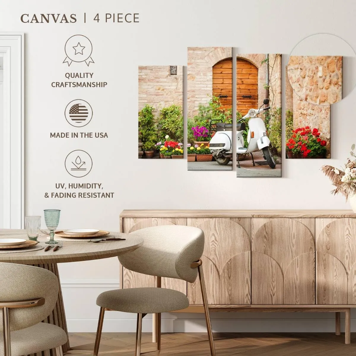 Elephant Stock - White Vespa Scooter Wall Art - Horizontal Multi Panel Canvas - 4 Piece Living Room Wall Decor - Photography Transportation Multi Piece Wall Art - Beige And Brown Decor - 52" x 32"