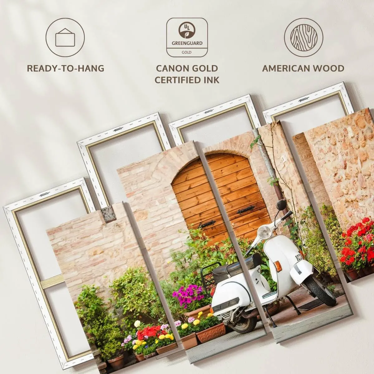 Elephant Stock - White Vespa Scooter Wall Art - Horizontal Multi Panel Canvas - 4 Piece Living Room Wall Decor - Photography Transportation Multi Piece Wall Art - Beige And Brown Decor - 52" x 32"