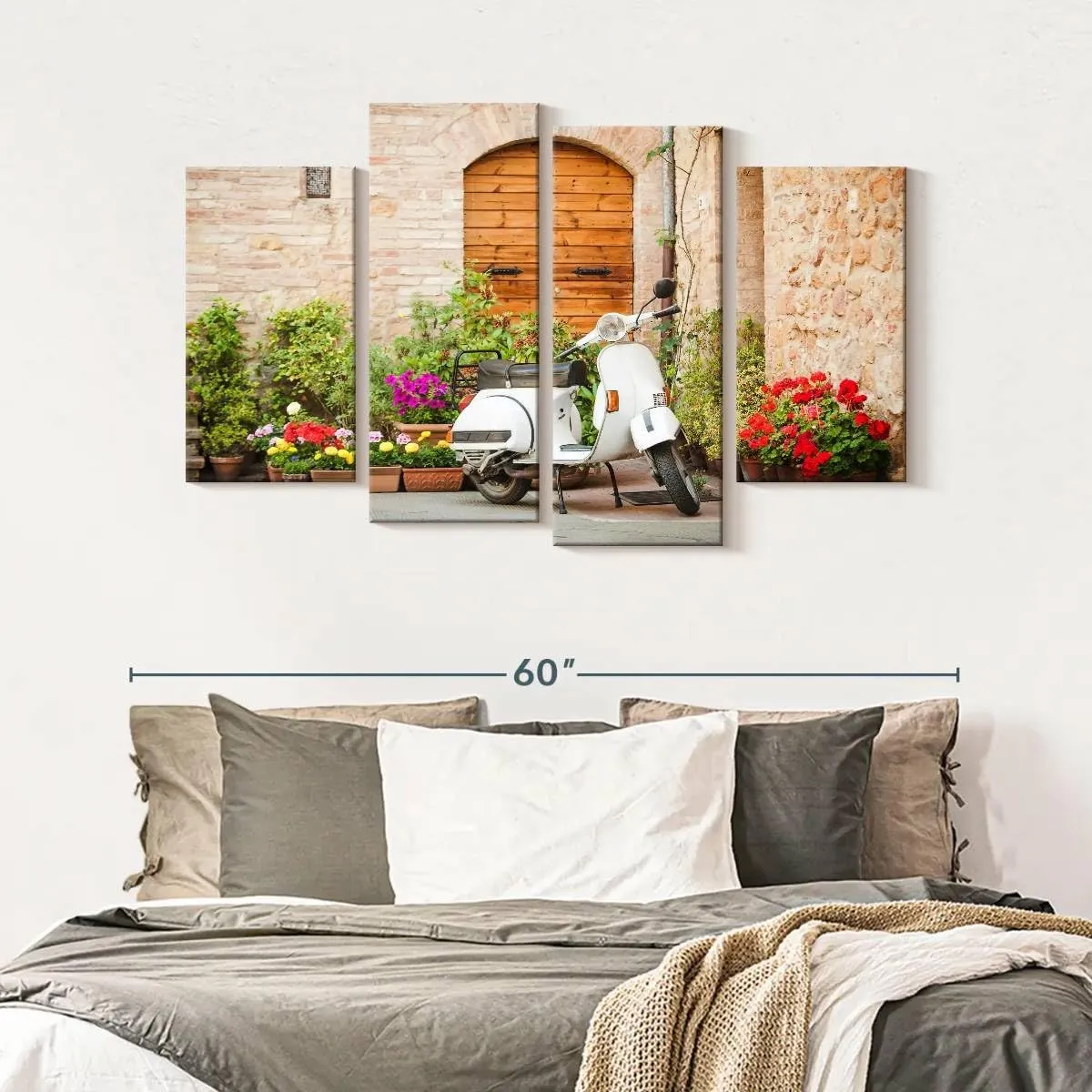Elephant Stock - White Vespa Scooter Wall Art - Horizontal Multi Panel Canvas - 4 Piece Living Room Wall Decor - Photography Transportation Multi Piece Wall Art - Beige And Brown Decor - 52" x 32"