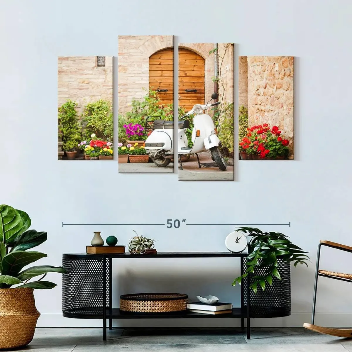 Elephant Stock - White Vespa Scooter Wall Art - Horizontal Multi Panel Canvas - 4 Piece Living Room Wall Decor - Photography Transportation Multi Piece Wall Art - Beige And Brown Decor - 52" x 32"