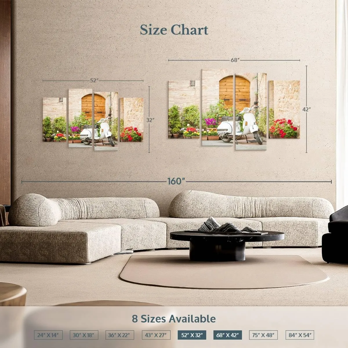 Elephant Stock - White Vespa Scooter Wall Art - Horizontal Multi Panel Canvas - 4 Piece Living Room Wall Decor - Photography Transportation Multi Piece Wall Art - Beige And Brown Decor - 52" x 32"