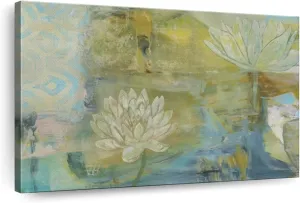 ElephantStock Lotus Dream Wall Art - Horizontal Wrapped Canvas - 1-Piece Living Room Wall Decor - Painting Floral and Botanical Canvas Print - Green and Blue Decor for Wall by Jodi Fuchs - 12" X 8"