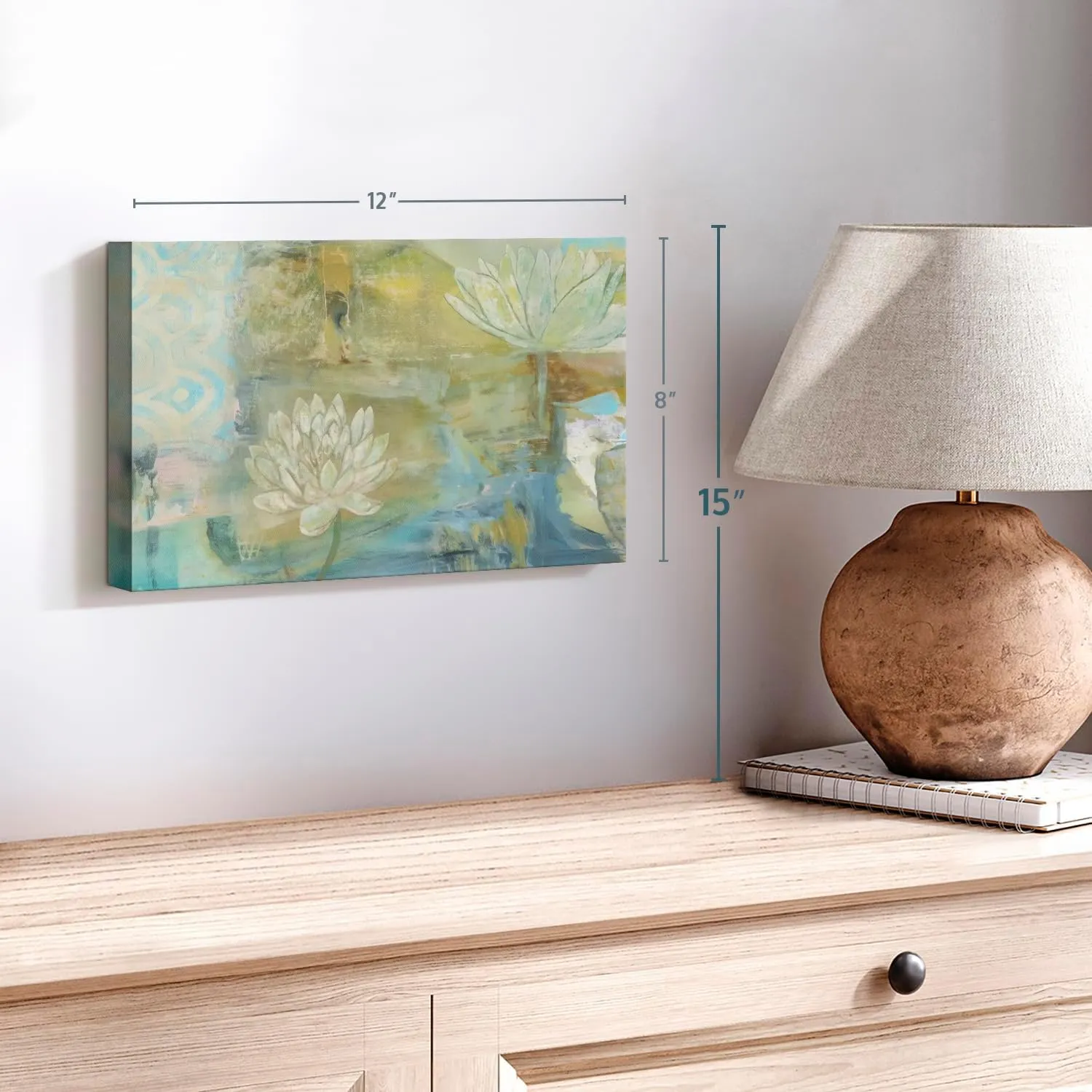 ElephantStock Lotus Dream Wall Art - Horizontal Wrapped Canvas - 1-Piece Living Room Wall Decor - Painting Floral and Botanical Canvas Print - Green and Blue Decor for Wall by Jodi Fuchs - 12" X 8"