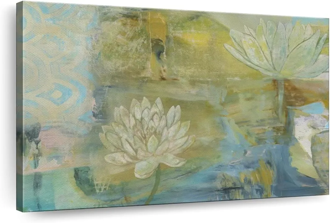 ElephantStock Lotus Dream Wall Art - Horizontal Wrapped Canvas - 1-Piece Living Room Wall Decor - Painting Floral and Botanical Canvas Print - Green and Blue Decor for Wall by Jodi Fuchs - 12" X 8"