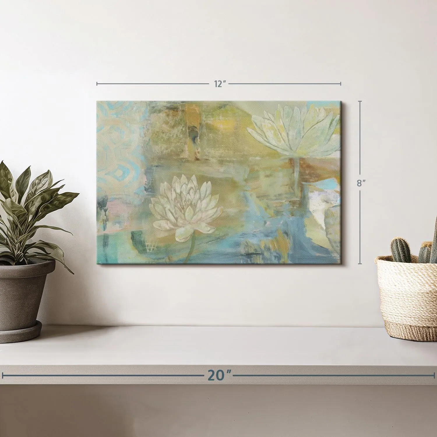 ElephantStock Lotus Dream Wall Art - Horizontal Wrapped Canvas - 1-Piece Living Room Wall Decor - Painting Floral and Botanical Canvas Print - Green and Blue Decor for Wall by Jodi Fuchs - 12" X 8"