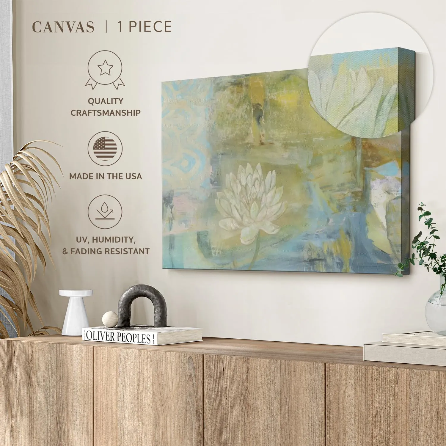 ElephantStock Lotus Dream Wall Art - Horizontal Wrapped Canvas - 1-Piece Living Room Wall Decor - Painting Floral and Botanical Canvas Print - Green and Blue Decor for Wall by Jodi Fuchs - 12" X 8"