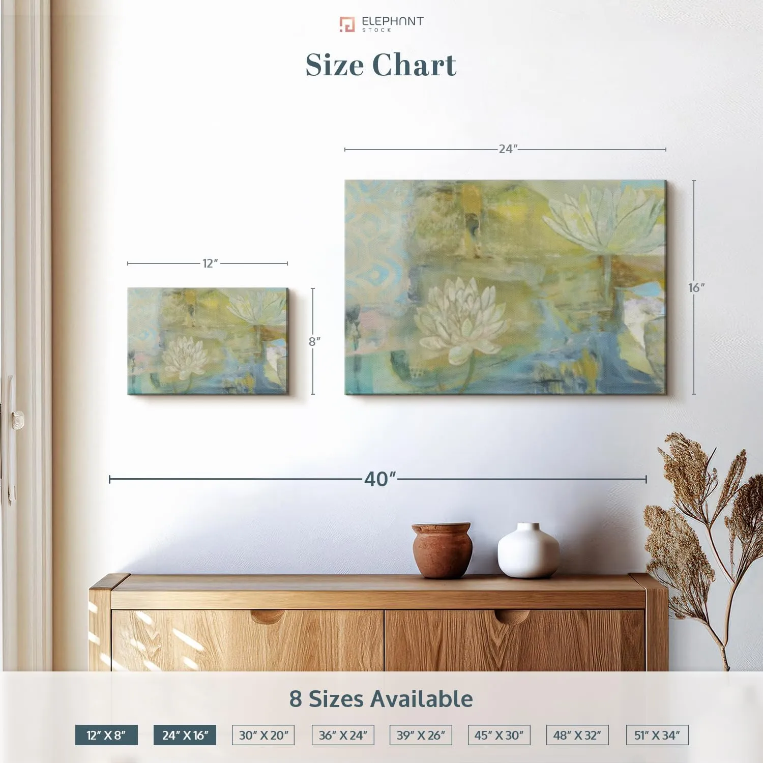 ElephantStock Lotus Dream Wall Art - Horizontal Wrapped Canvas - 1-Piece Living Room Wall Decor - Painting Floral and Botanical Canvas Print - Green and Blue Decor for Wall by Jodi Fuchs - 12" X 8"
