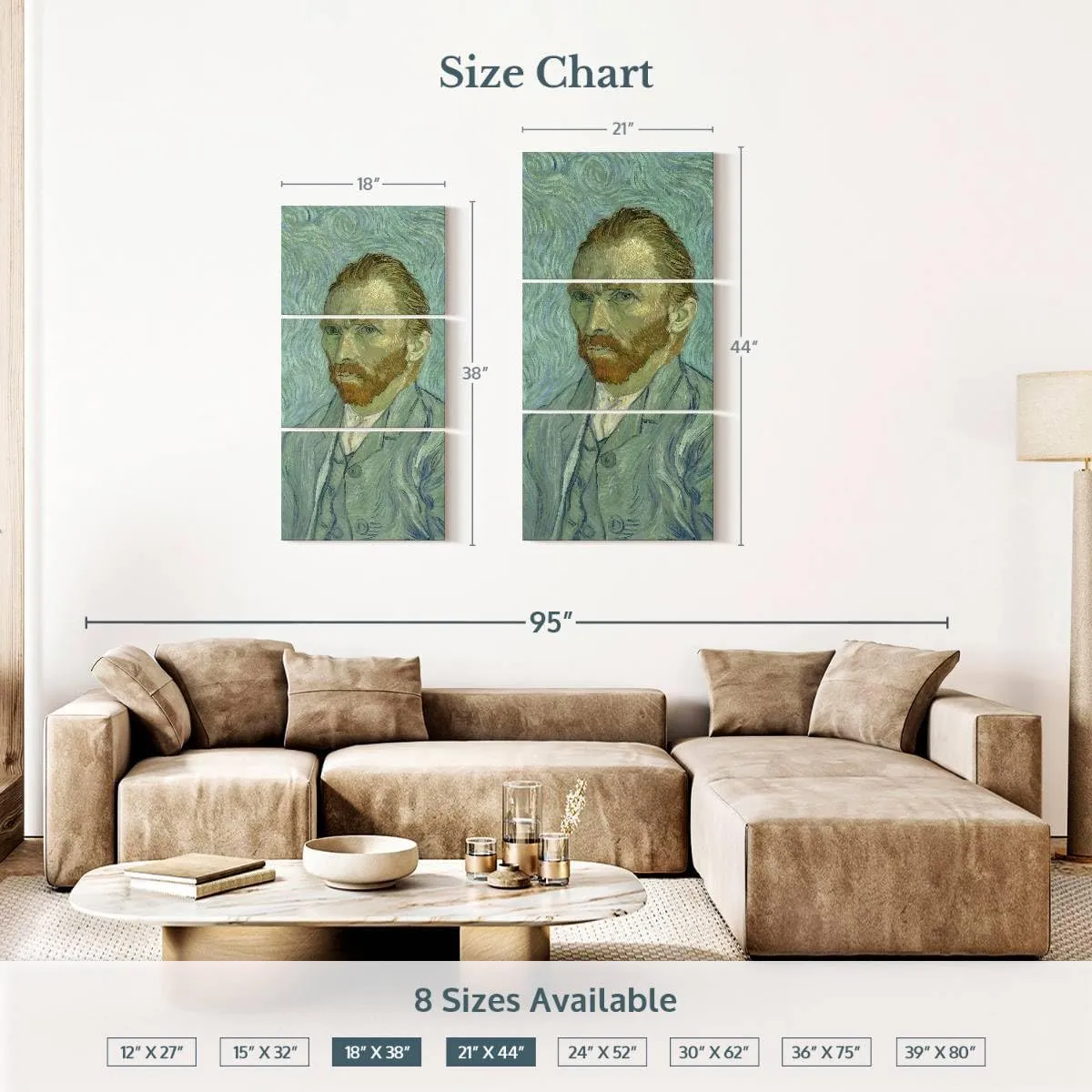 ElephantStock - Self Portrait Wall Art - Vertical Multi Panel Canvas - 3 Piece Living Room Wall Decor - Painting Artists Multi Piece Wall Art - Blue And Teal Decor by Vincent Van Gogh - 21" x 44"