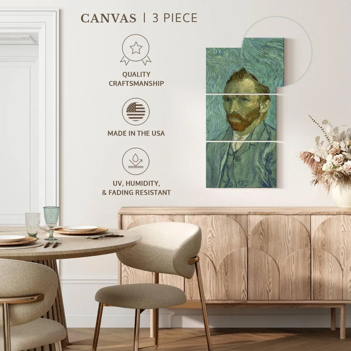 ElephantStock - Self Portrait Wall Art - Vertical Multi Panel Canvas - 3 Piece Living Room Wall Decor - Painting Artists Multi Piece Wall Art - Blue And Teal Decor by Vincent Van Gogh - 21" x 44"