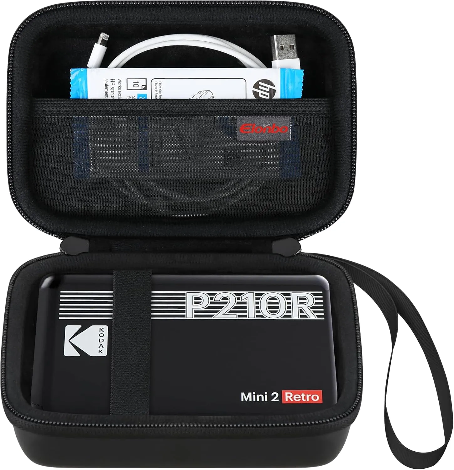 Elonbo Carrying Case for KODAK Mini 2 Retro 4PASS Portable Photo Printer, Digital Instant Print Camera Travel Bag Storage Holder, Mesh Pocket Fits Printing Paper, Cable, Black