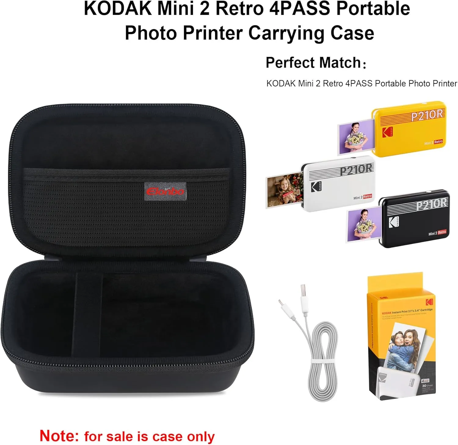 Elonbo Carrying Case for KODAK Mini 2 Retro 4PASS Portable Photo Printer, Digital Instant Print Camera Travel Bag Storage Holder, Mesh Pocket Fits Printing Paper, Cable, Black
