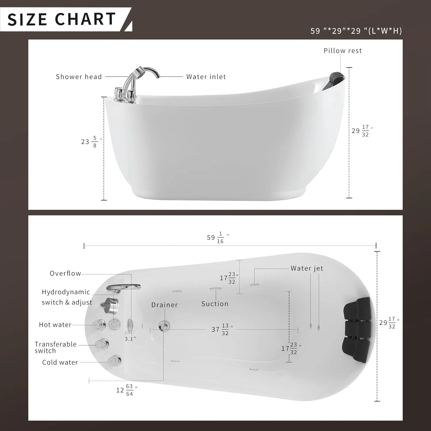 Empava 59 Inch Freestanding Whirlpool Tub - Acrylic Jetted Bathtub-Deep Concave Back, Tapered Interior,ETL Certified