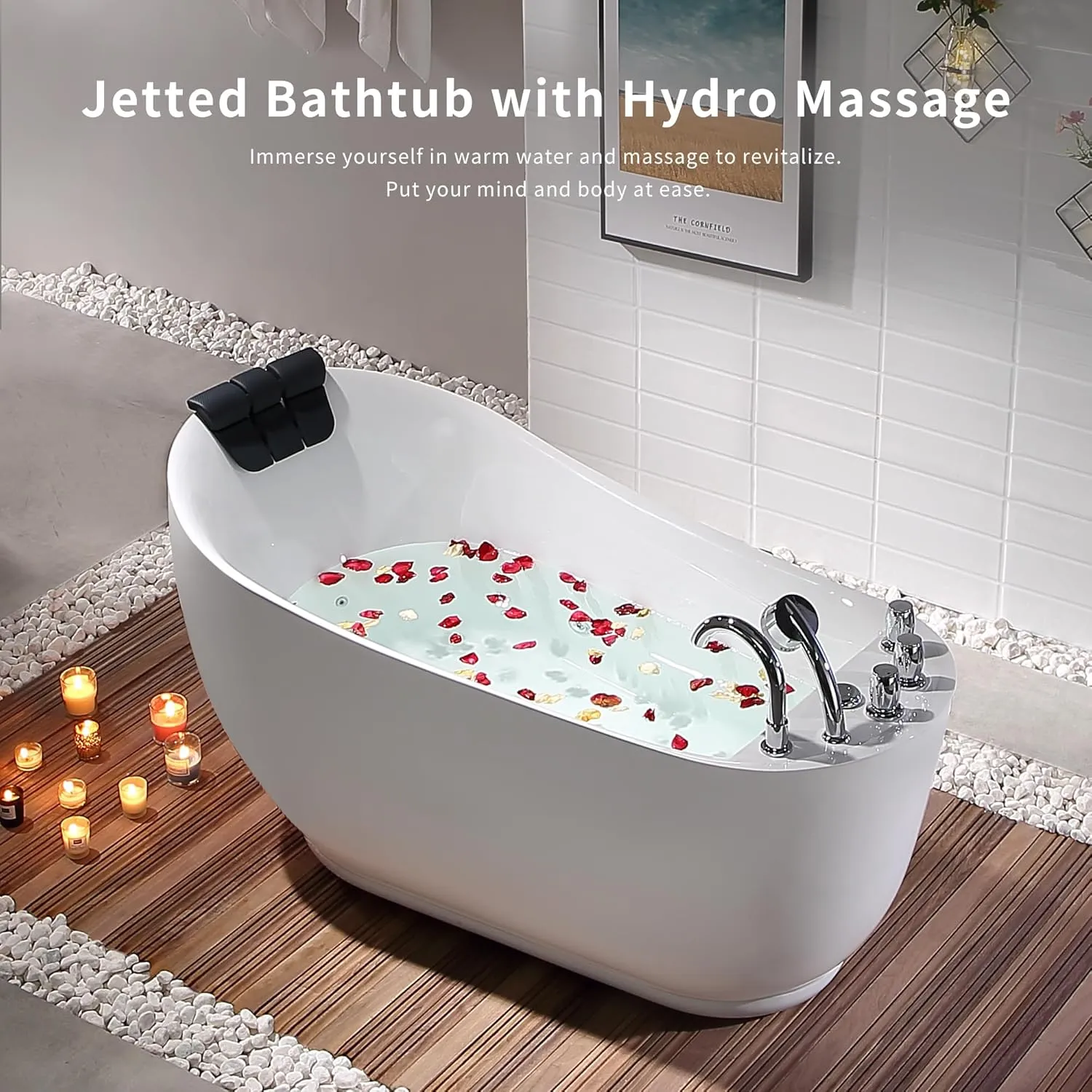 Empava 67 Inch Freestanding Whirlpool Tub - Acrylic, Jetted, Hydrotherapy Massage Bathtub-Deep Concave Back, Tapered Interior,ETL Certified