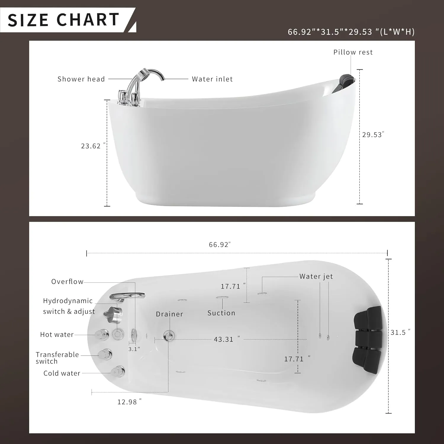 Empava 67 Inch Freestanding Whirlpool Tub - Acrylic, Jetted, Hydrotherapy Massage Bathtub-Deep Concave Back, Tapered Interior,ETL Certified
