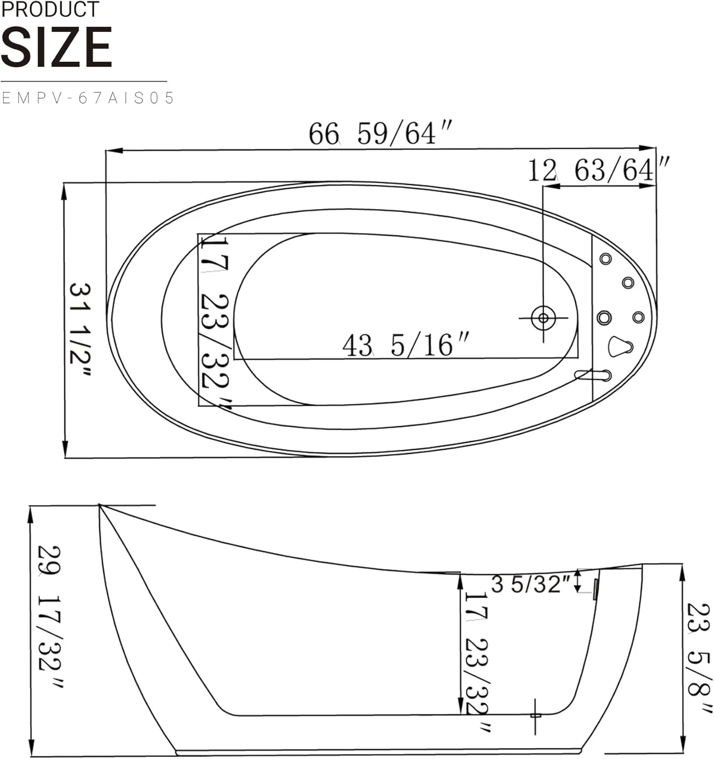 Empava 67 Inch Freestanding Whirlpool Tub - Acrylic, Jetted, Hydrotherapy Massage Bathtub-Deep Concave Back, Tapered Interior,ETL Certified