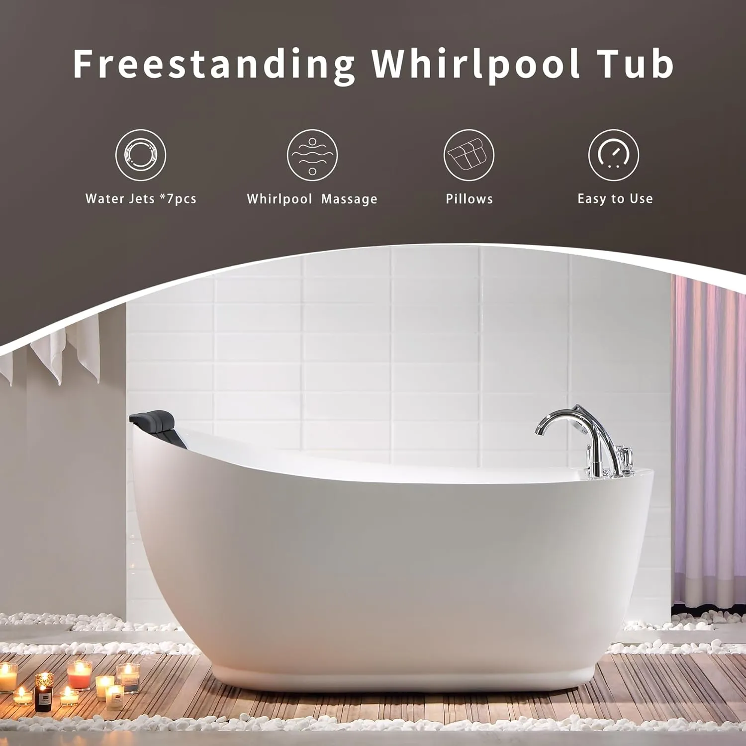 Empava 67 Inch Freestanding Whirlpool Tub - Acrylic, Jetted, Hydrotherapy Massage Bathtub-Deep Concave Back, Tapered Interior,ETL Certified
