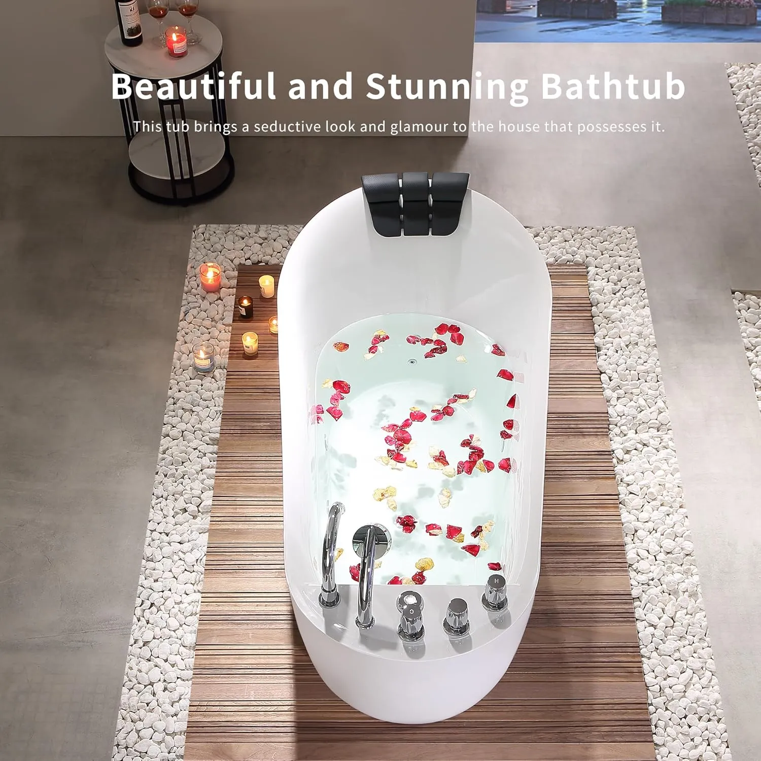 Empava 67 Inch Freestanding Whirlpool Tub - Acrylic, Jetted, Hydrotherapy Massage Bathtub-Deep Concave Back, Tapered Interior,ETL Certified