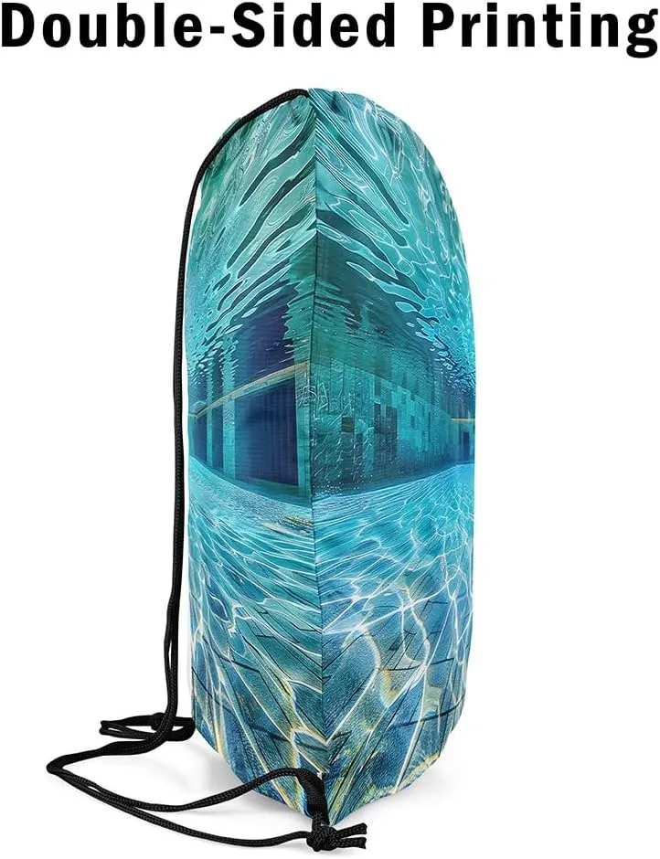 Erosebridal Swimming Pool Drawstring Backpack 13x15.7, Blue Green Water Wave Drawstring Bags For Sport Swim Yoga, Swim Sports Foldable Draw String Back Bag, Summer Pools Decorative Cinch Bag