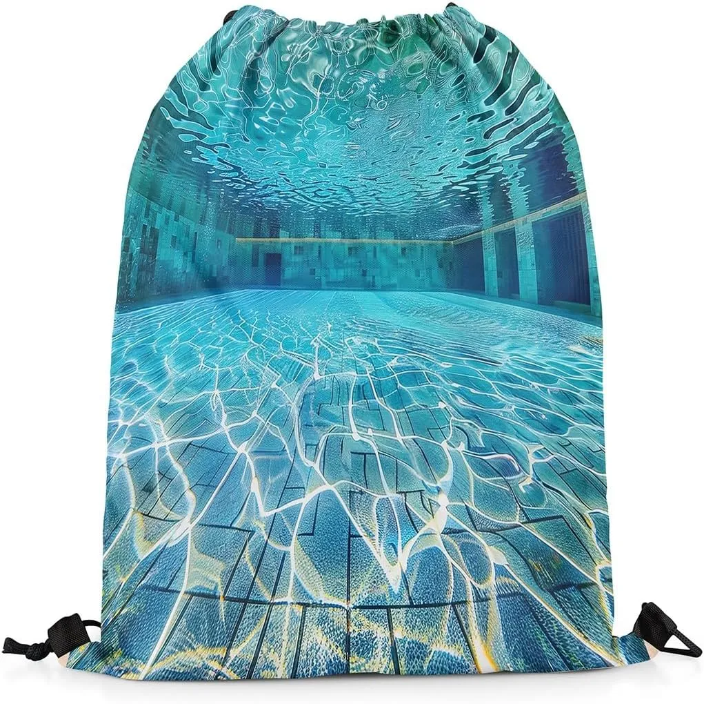 Erosebridal Swimming Pool Drawstring Backpack 13x15.7, Blue Green Water Wave Drawstring Bags For Sport Swim Yoga, Swim Sports Foldable Draw String Back Bag, Summer Pools Decorative Cinch Bag