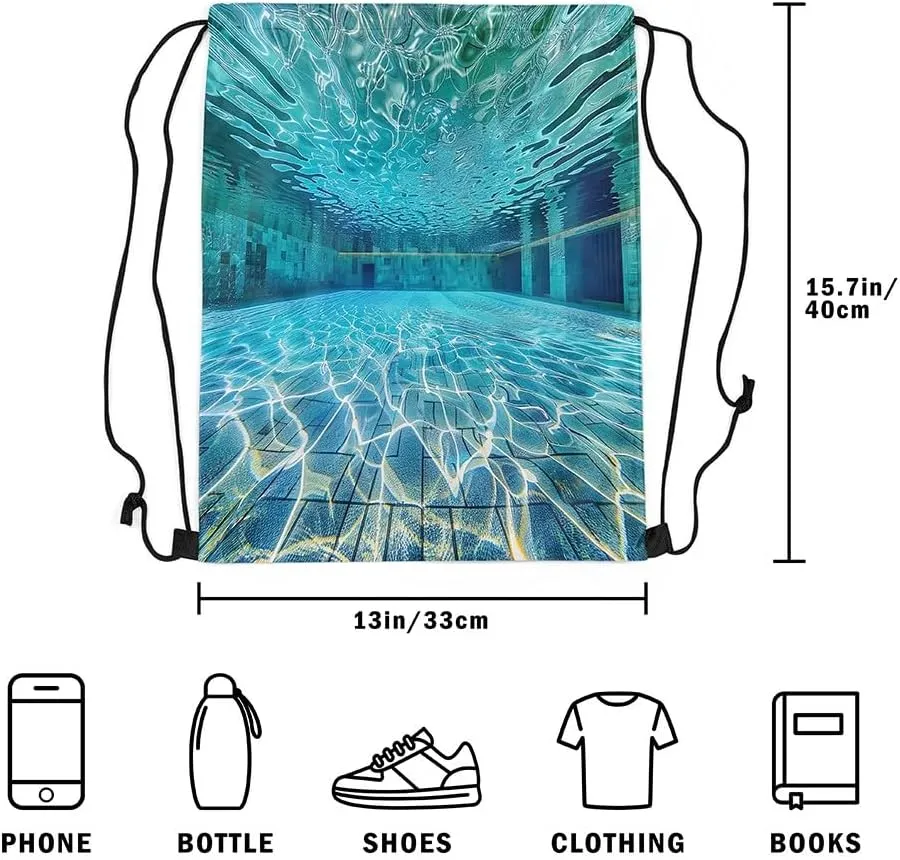Erosebridal Swimming Pool Drawstring Backpack 13x15.7, Blue Green Water Wave Drawstring Bags For Sport Swim Yoga, Swim Sports Foldable Draw String Back Bag, Summer Pools Decorative Cinch Bag