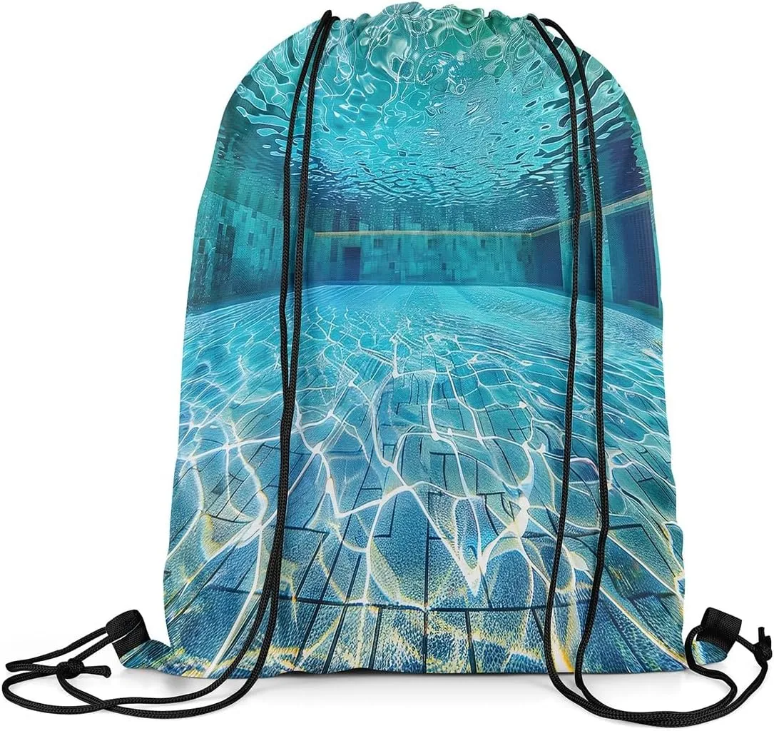 Erosebridal Swimming Pool Drawstring Backpack 13x15.7, Blue Green Water Wave Drawstring Bags For Sport Swim Yoga, Swim Sports Foldable Draw String Back Bag, Summer Pools Decorative Cinch Bag