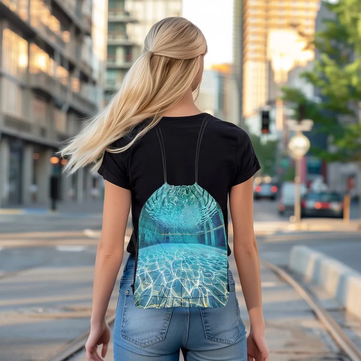 Erosebridal Swimming Pool Drawstring Backpack 13x15.7, Blue Green Water Wave Drawstring Bags For Sport Swim Yoga, Swim Sports Foldable Draw String Back Bag, Summer Pools Decorative Cinch Bag