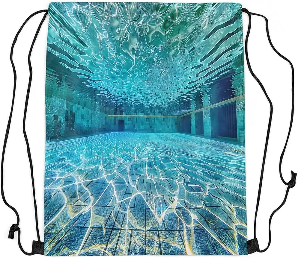 Erosebridal Swimming Pool Drawstring Backpack 13x15.7, Blue Green Water Wave Drawstring Bags For Sport Swim Yoga, Swim Sports Foldable Draw String Back Bag, Summer Pools Decorative Cinch Bag