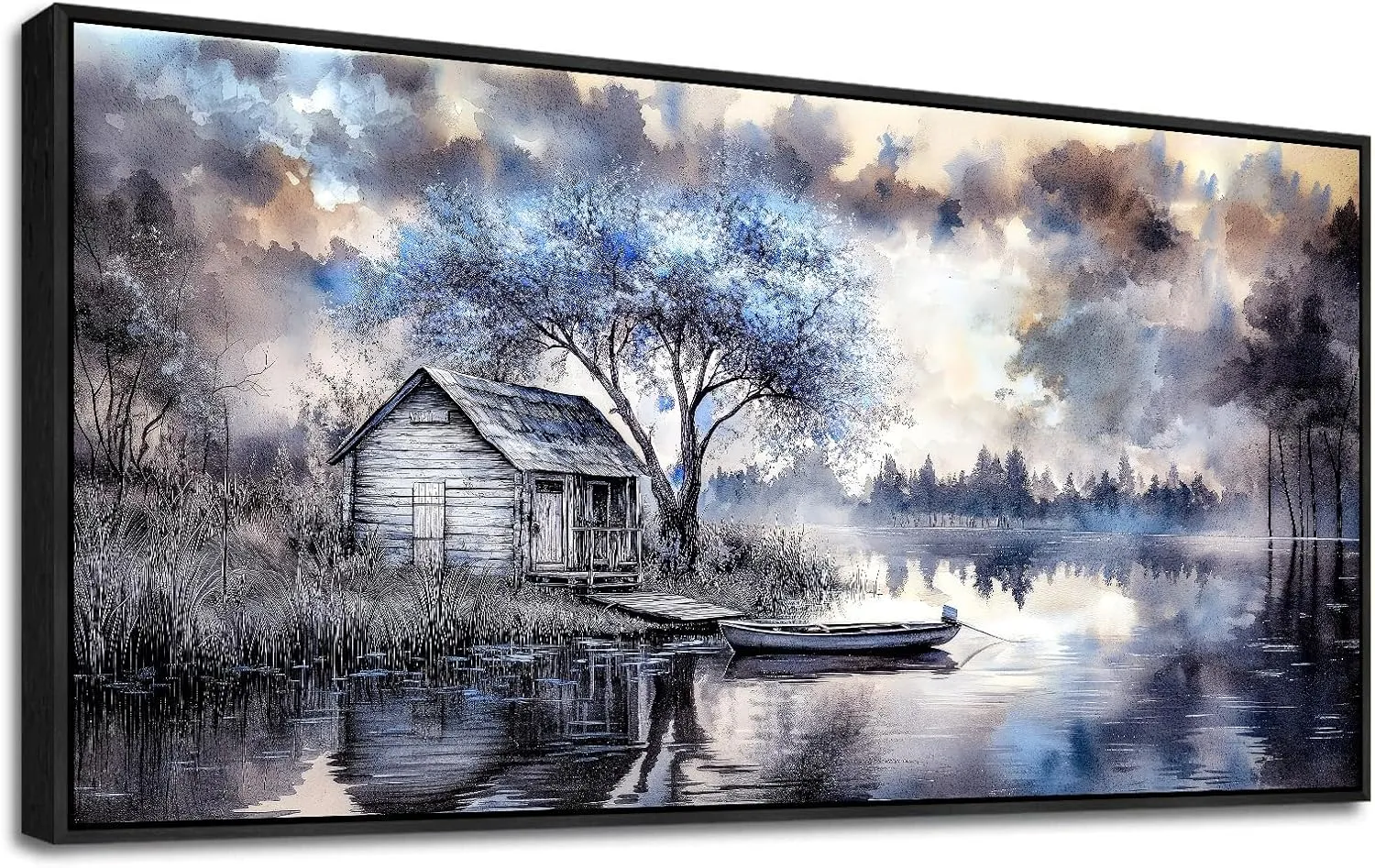 ERQINHUA Large Wall Decor For Living Room Canvas Wall Art For Office Bedroom Blue Tree Lakeside Landscape Painting Black Frame Artwork Pictures Modern Beach Posters Ready To Hang Home Decor 30"x60"