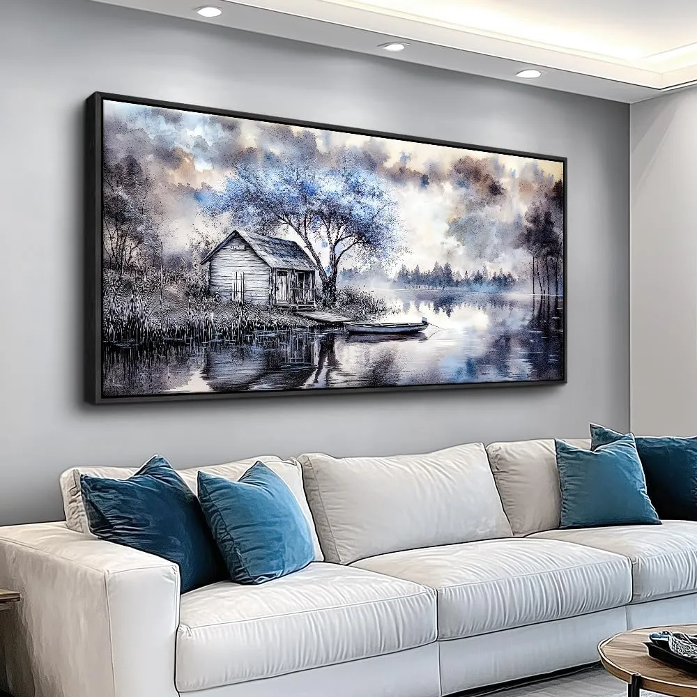 ERQINHUA Large Wall Decor For Living Room Canvas Wall Art For Office Bedroom Blue Tree Lakeside Landscape Painting Black Frame Artwork Pictures Modern Beach Posters Ready To Hang Home Decor 30"x60"