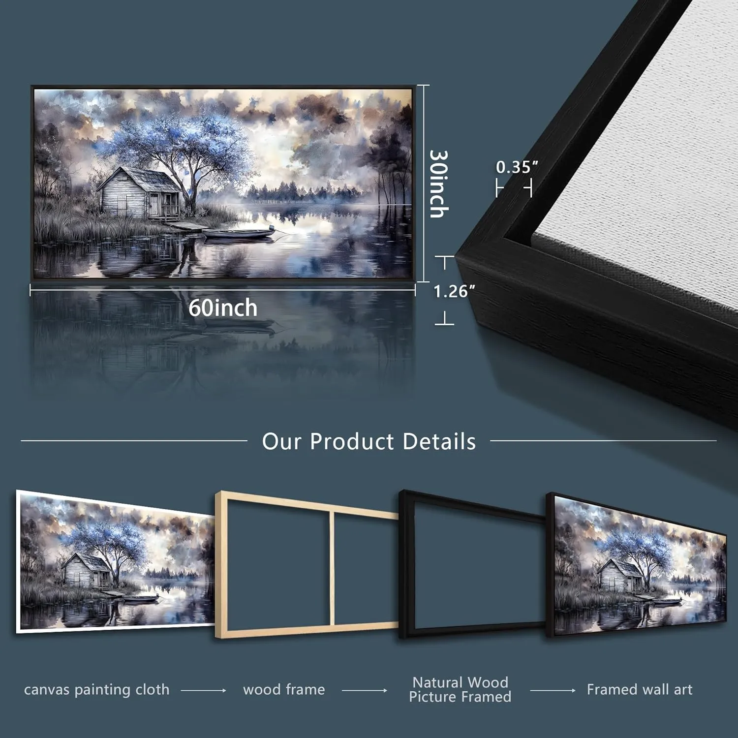 ERQINHUA Large Wall Decor For Living Room Canvas Wall Art For Office Bedroom Blue Tree Lakeside Landscape Painting Black Frame Artwork Pictures Modern Beach Posters Ready To Hang Home Decor 30"x60"