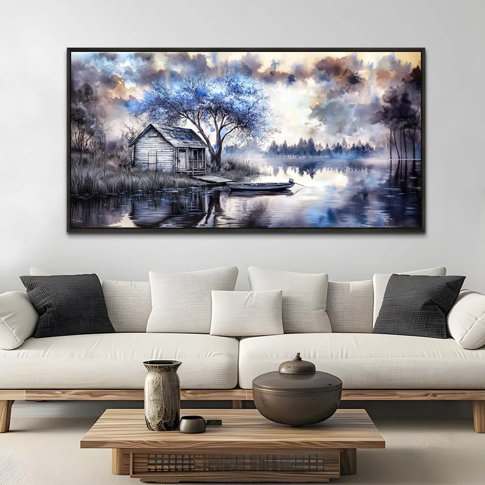 ERQINHUA Large Wall Decor For Living Room Canvas Wall Art For Office Bedroom Blue Tree Lakeside Landscape Painting Black Frame Artwork Pictures Modern Beach Posters Ready To Hang Home Decor 30"x60"