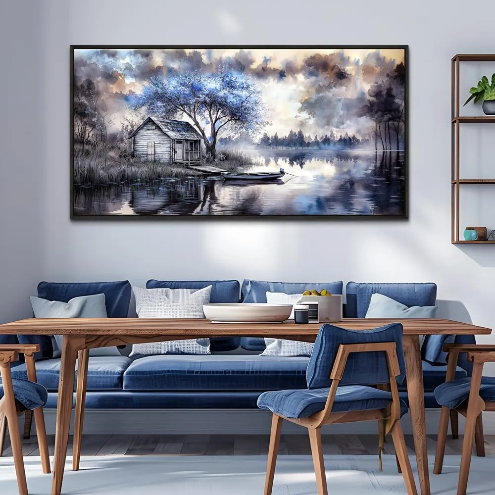 ERQINHUA Large Wall Decor For Living Room Canvas Wall Art For Office Bedroom Blue Tree Lakeside Landscape Painting Black Frame Artwork Pictures Modern Beach Posters Ready To Hang Home Decor 30"x60"