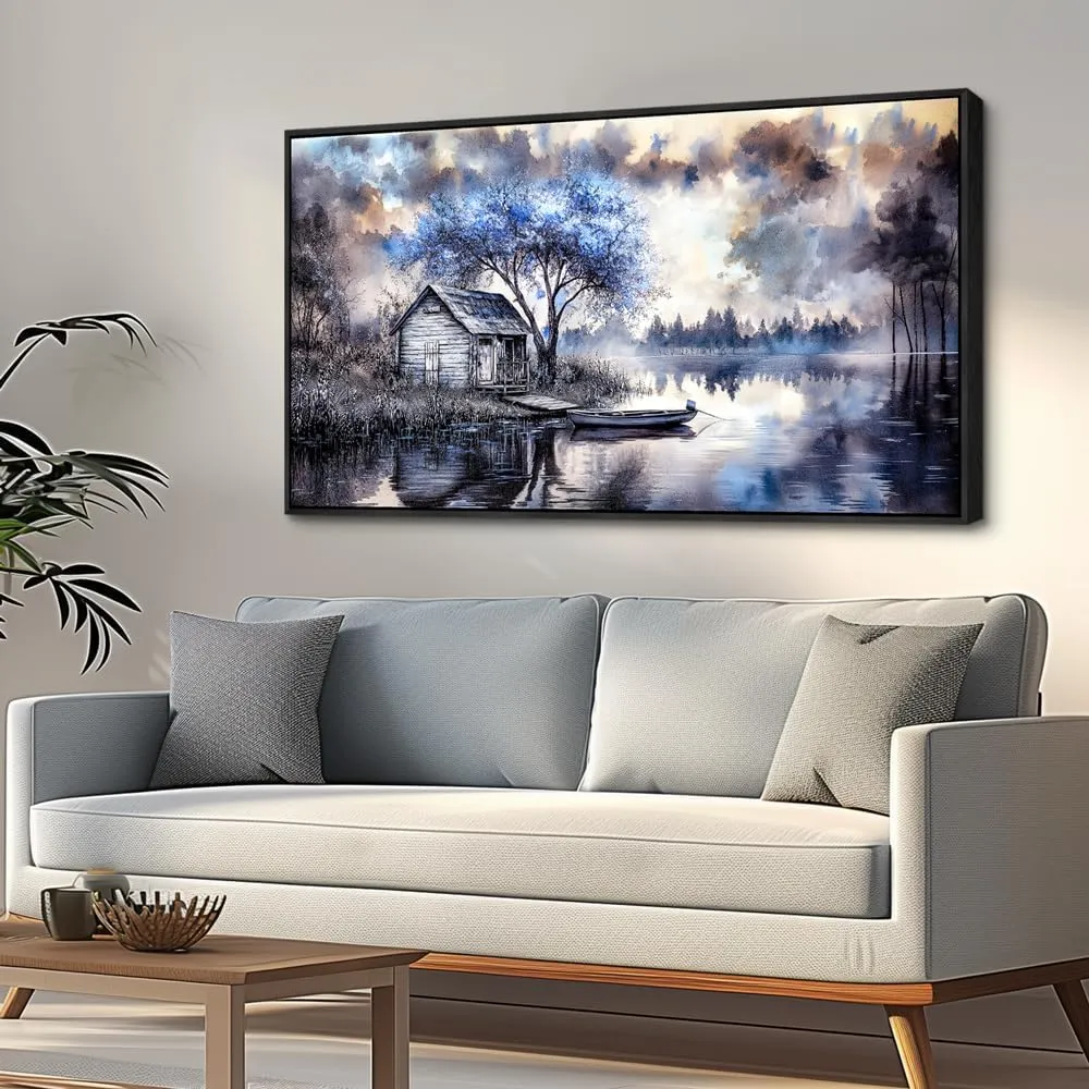 ERQINHUA Large Wall Decor For Living Room Canvas Wall Art For Office Bedroom Blue Tree Lakeside Landscape Painting Black Frame Artwork Pictures Modern Beach Posters Ready To Hang Home Decor 30"x60"