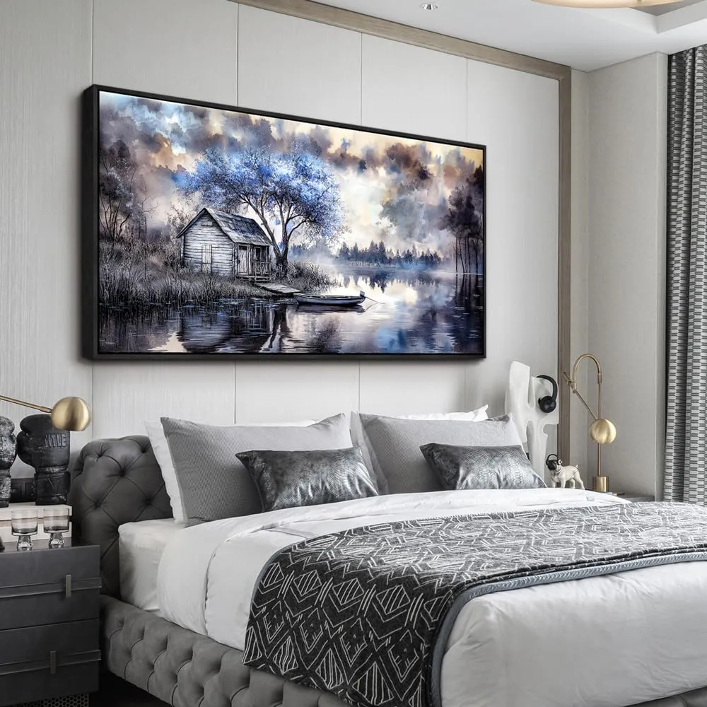 ERQINHUA Large Wall Decor For Living Room Canvas Wall Art For Office Bedroom Blue Tree Lakeside Landscape Painting Black Frame Artwork Pictures Modern Beach Posters Ready To Hang Home Decor 30"x60"
