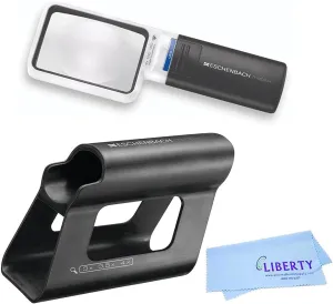 Eschenbach Optik Mobilux LED Handheld Magnifier with Mobase Stand - Hands Free with Light and Stand - Low Vision Magnifier Aid with Liberty Microfiber Cloth (4X) (1511-3)