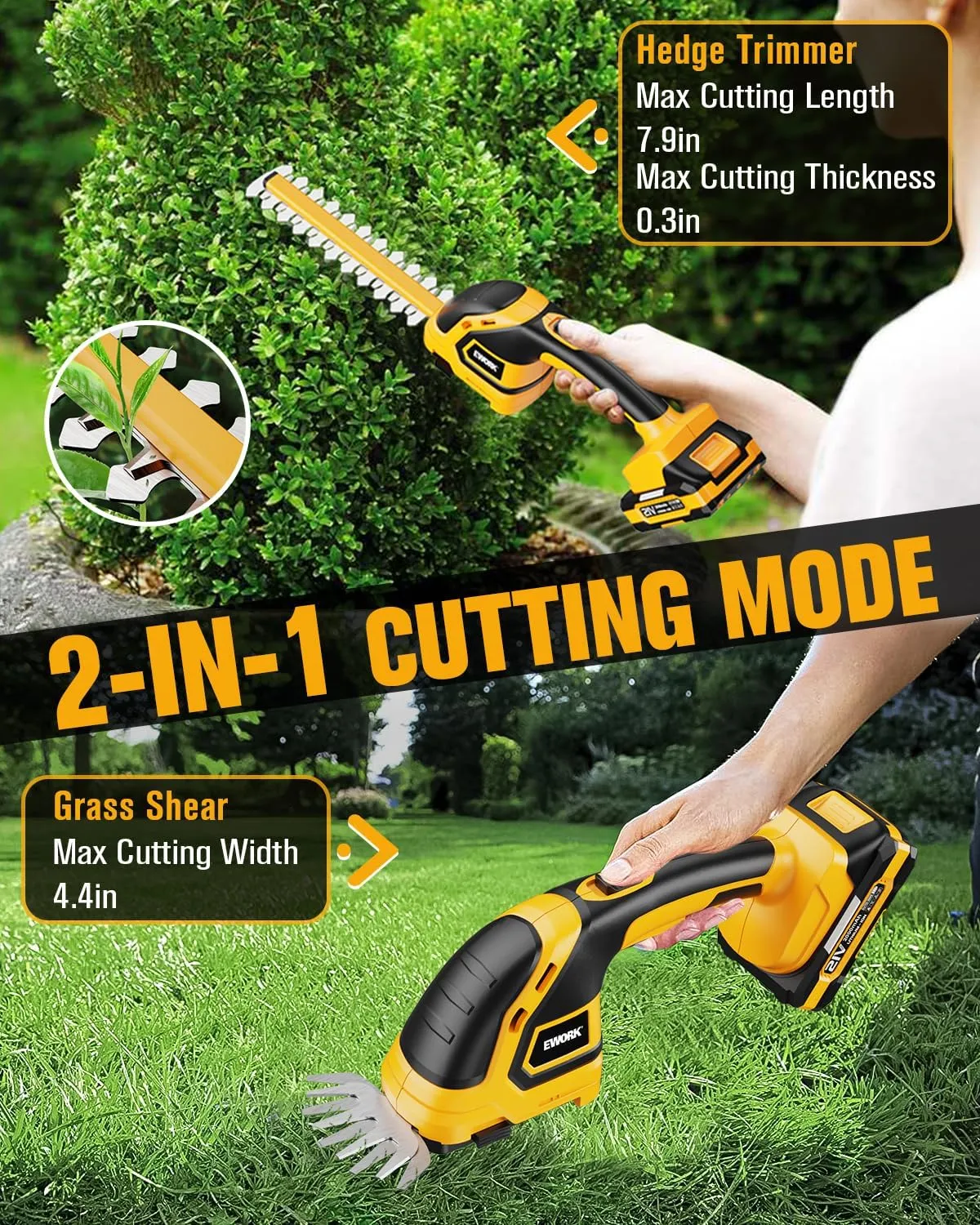 EWORK 21V Cordless Hedge Trimmer & Grass Shears 2-in-1 Handheld Small Electric Bush Trimmer with 2.0Ah Battery and Charger, Battery Powered Shrub Trimmer for Garden, Yard, Lawn Maintenance