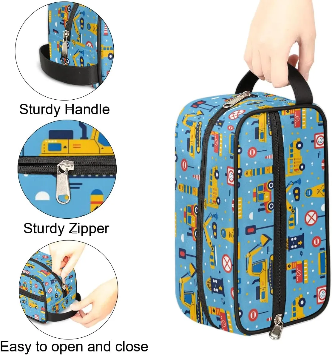 Excavator Truck Travel Toiletry Bag Kit for Men Tractor Car Cosmetic Makeup Bag for Boys Waterproof Shaving Bag Hanging Wash Bag Organizer for Toiletries Accessories