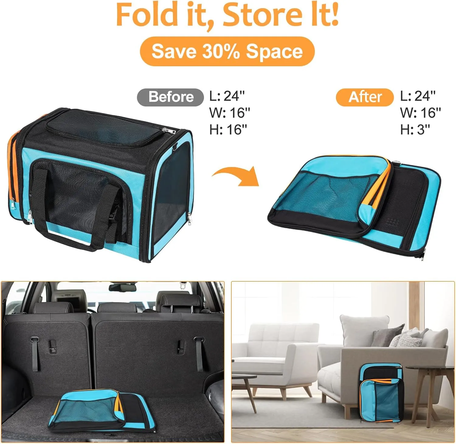 Extra Large Cat Carrier for 2 Cats, Pet Carrier, Dog Carrier for Small Dogs, Cat Carrier Soft, Collapsible Large Pet Carrier for Traveling Indoor and Outdoor Uses - Blue 24"x16"x16"